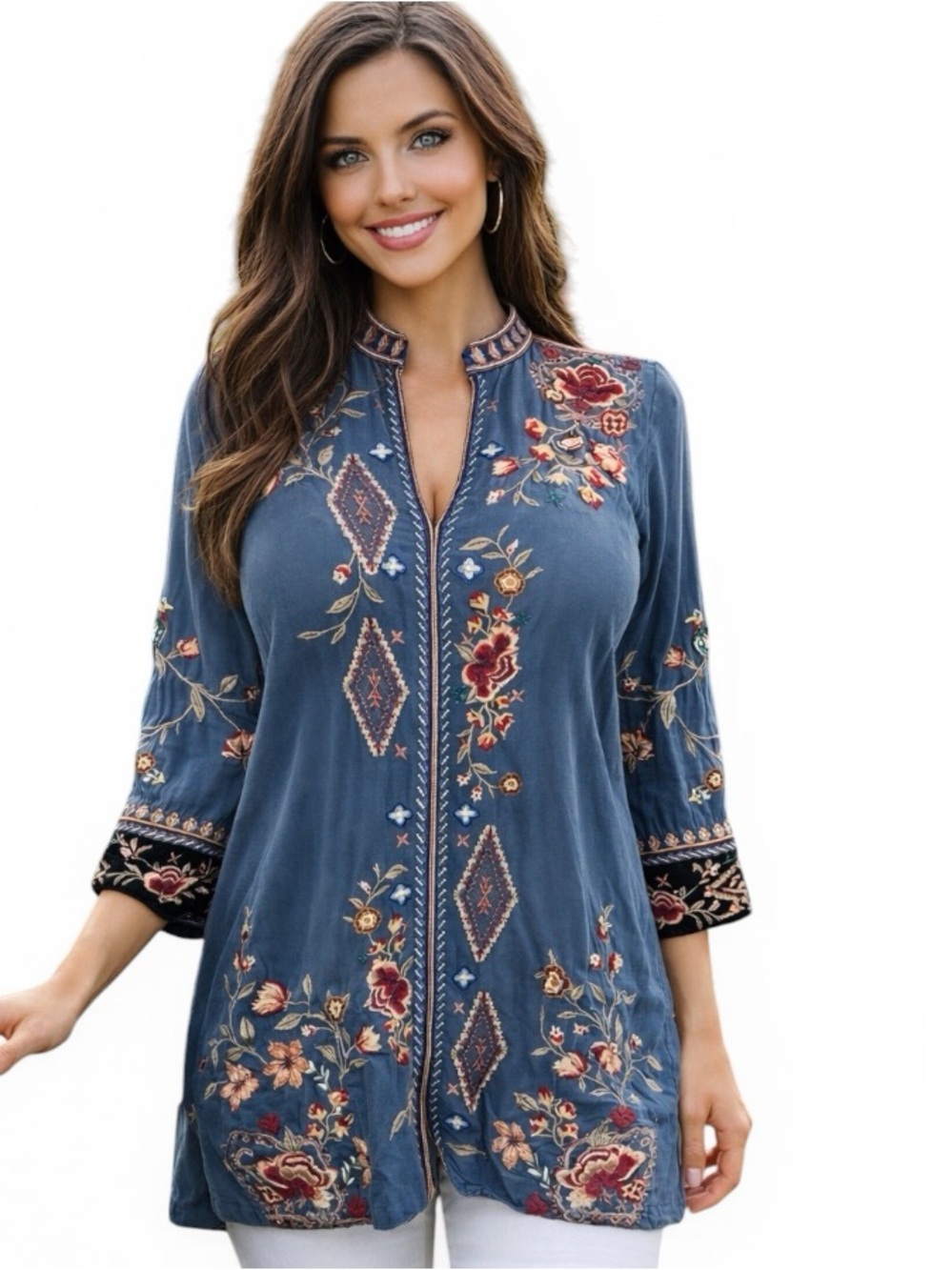 Johnny Was silk heavily embroidered velvet trim Chrysalis tunic NWT